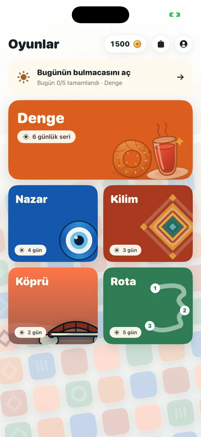 Günlük uygulamasının beş oyunlu ana ekranı